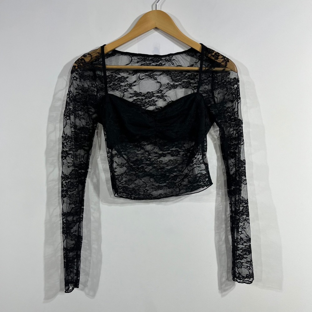 Womens Sheer Y2K Babydoll Floral Lace Fairy Grunge Crop Top Festival Womens XS